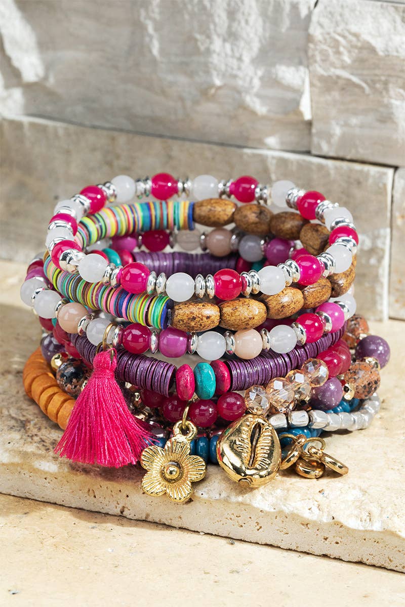 Hot Pink Layered Beaded Bracelet Set