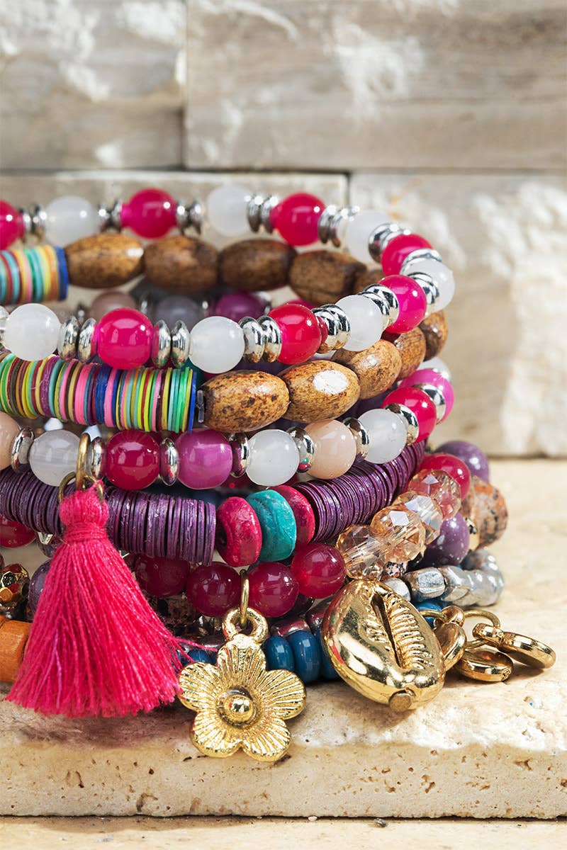 Hot Pink Layered Beaded Bracelet Set
