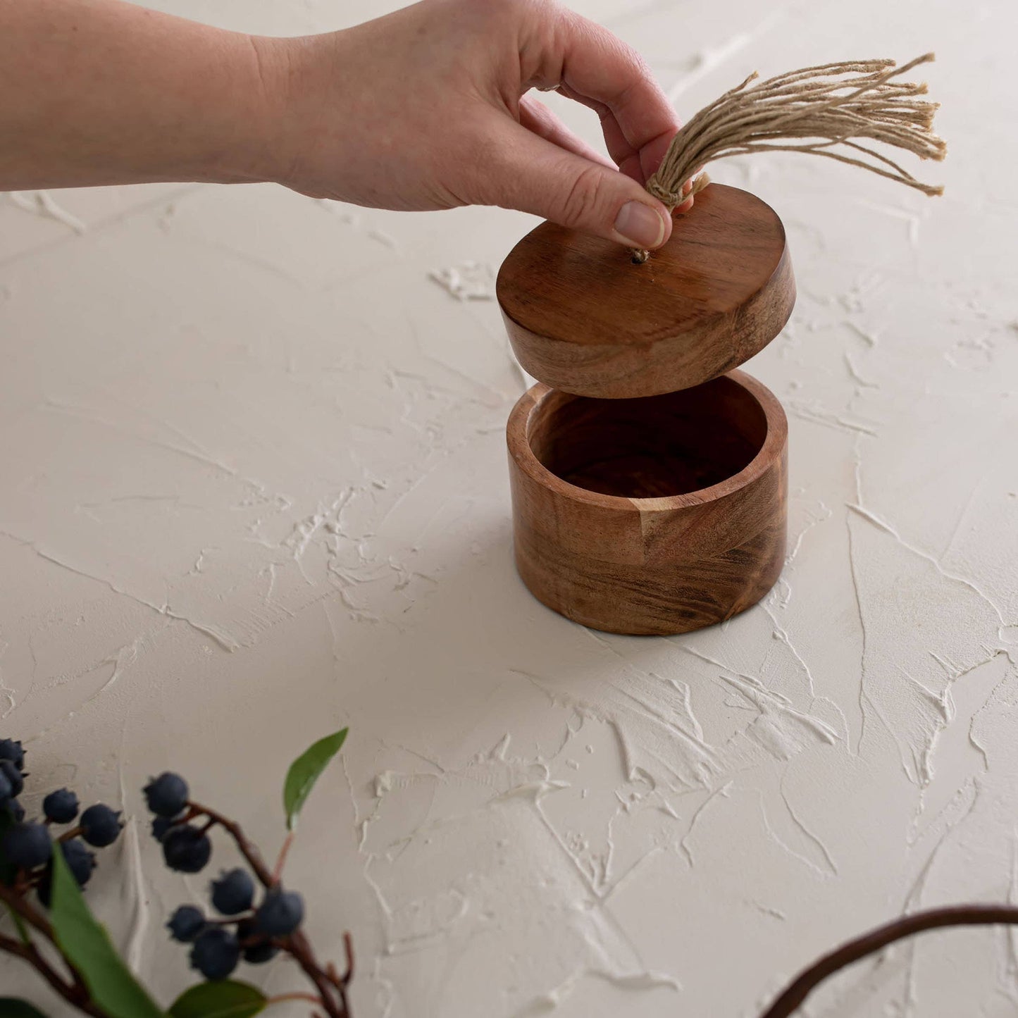 Camellia Acacia Wood & Jute Salt Cellar