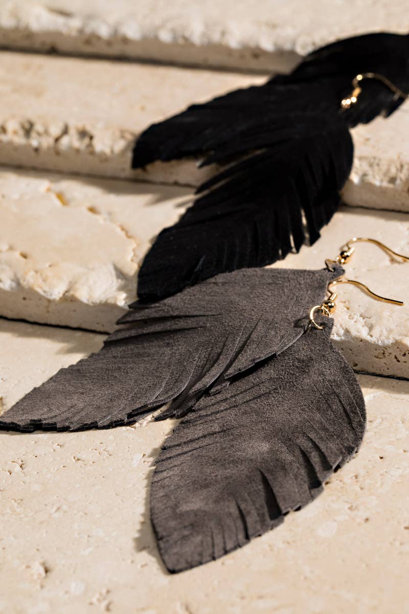 Grey Leather Leaf Earrings