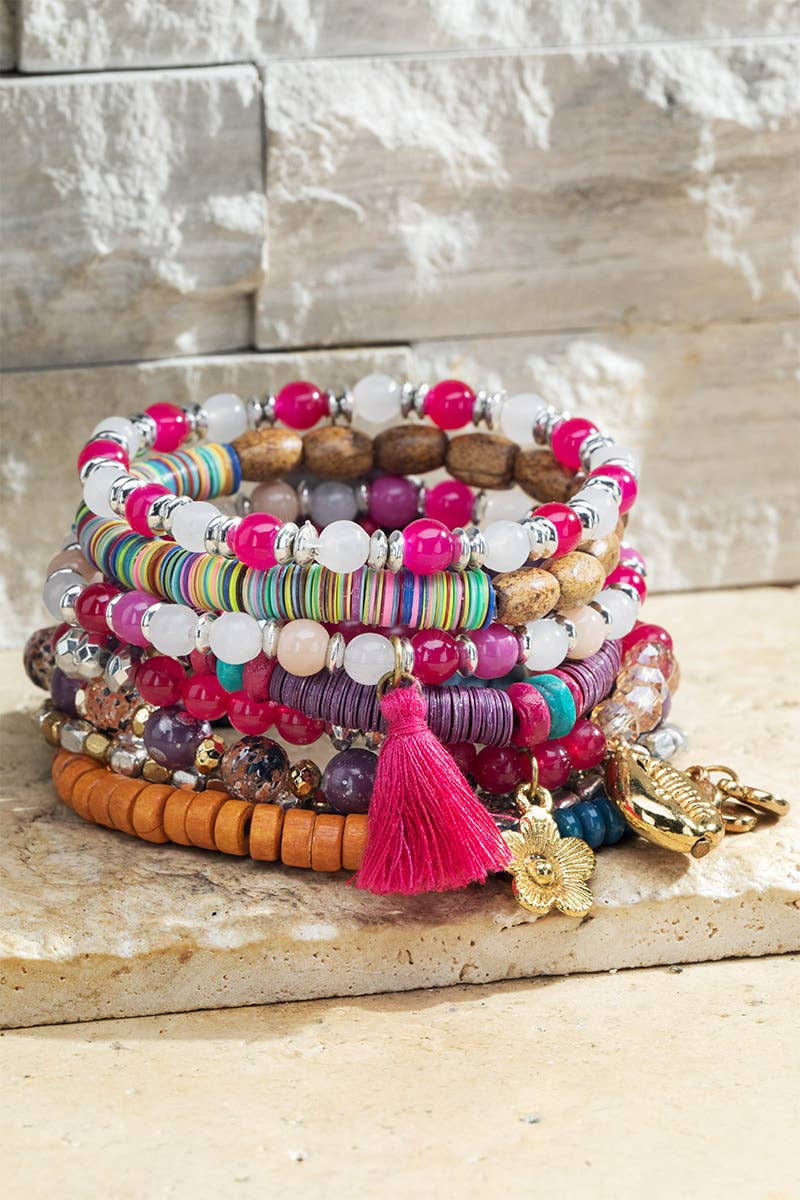 Hot Pink Layered Beaded Bracelet Set