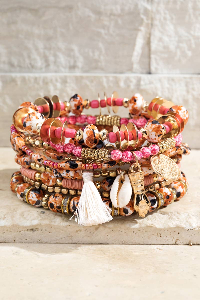 Taupe Layered Beaded Bracelet Set