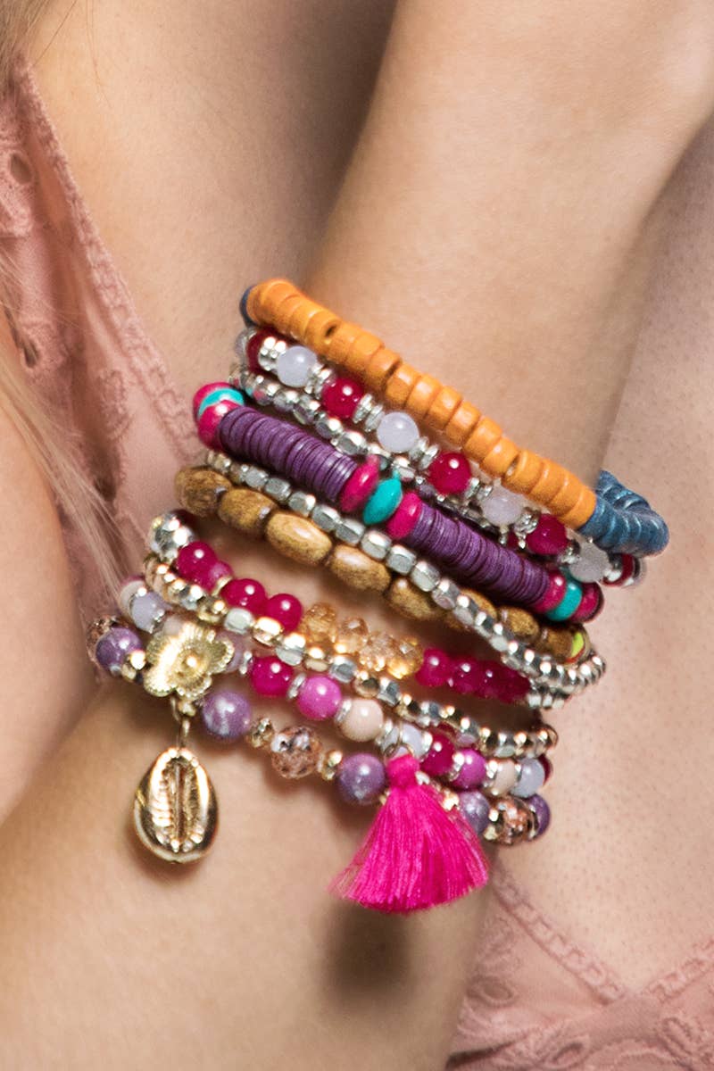 Hot Pink Layered Beaded Bracelet Set