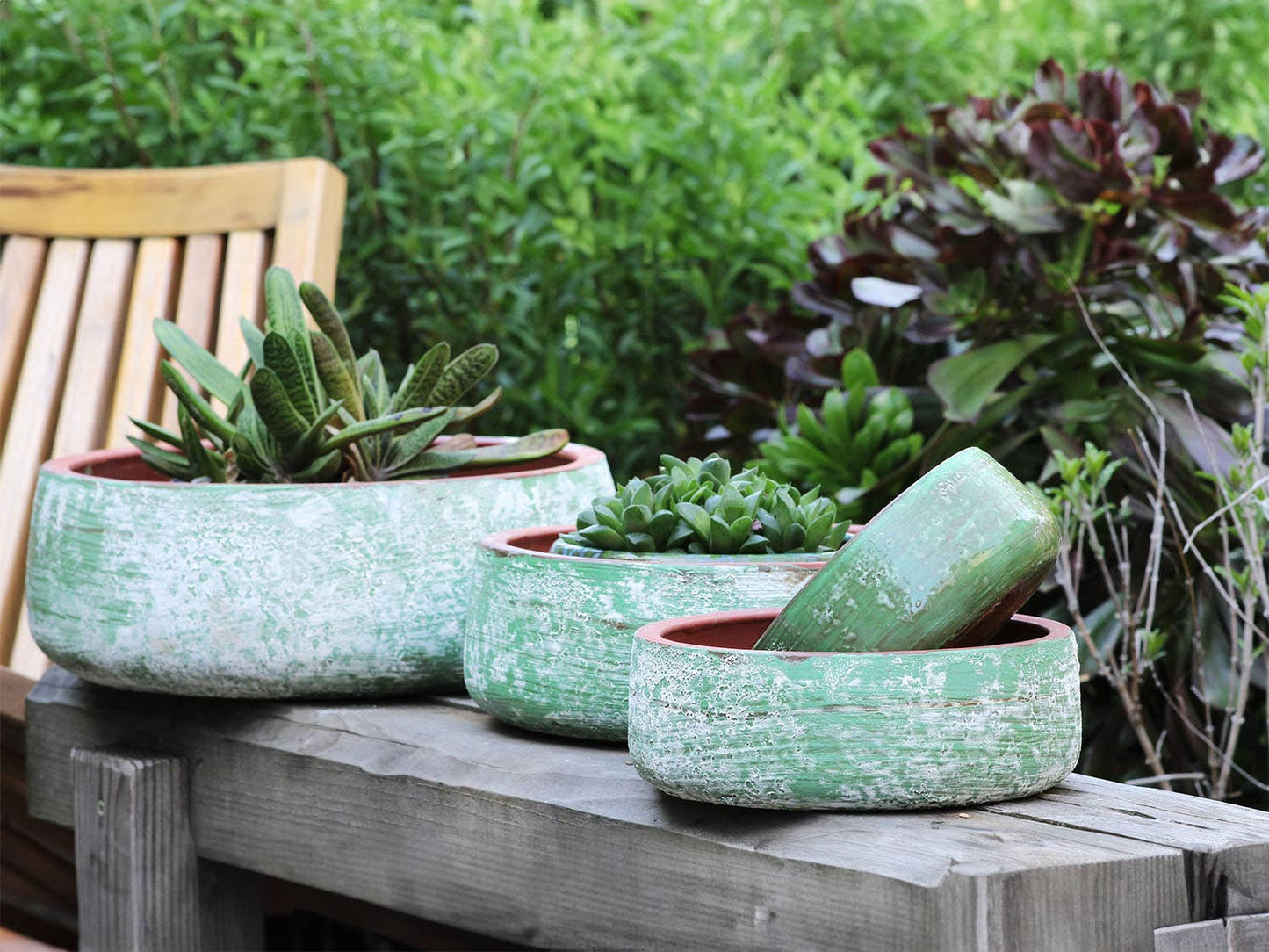 Handthrown Smooth Bowls,  Aegean Green, Set Of 4- 12.5" X 4.5", 10.0" X 3.5", 8.0" X 3.0", 6.5" X 2.5"